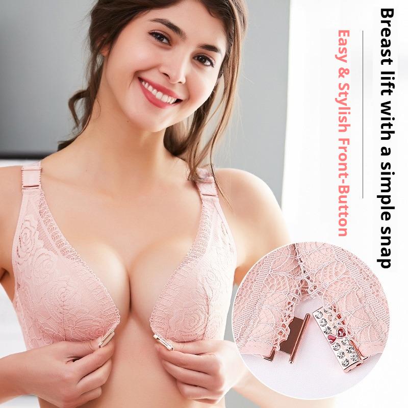 Front Buckle Rose Beautiful Back Plus Size Bra Set Big Breasts Small Gathering Underwear Women's Upper Support Adjustable Bra
