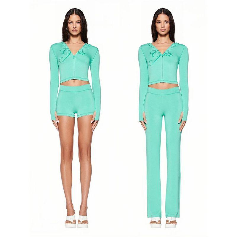 

Foreign Trade Original Order I * Am Gia Blue Green Set Hooded T-shirt + Slightly Flared Sweat pants Lengthened Trousers Modal Hoodie XL