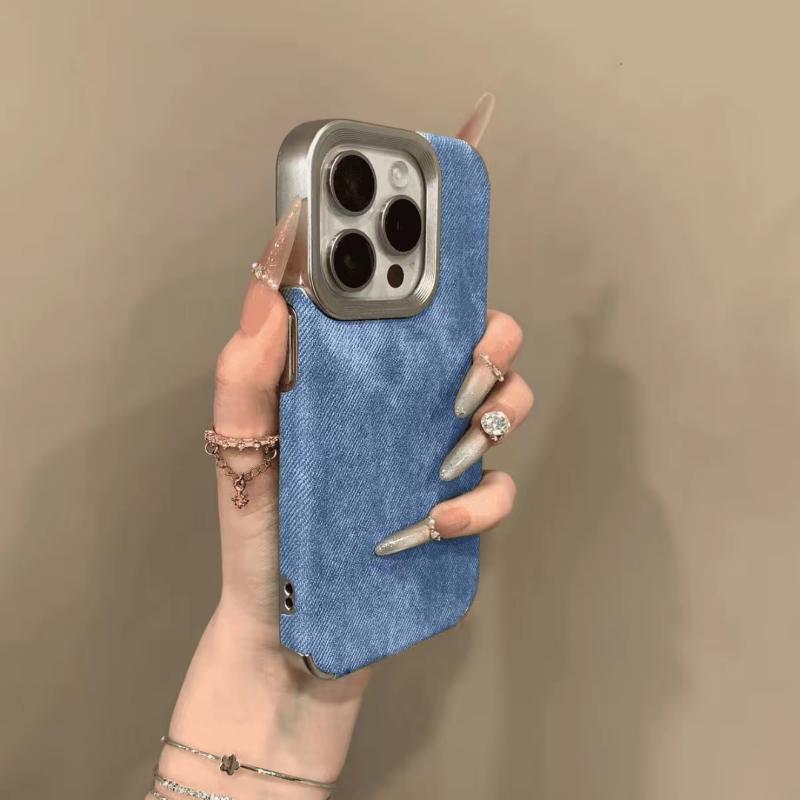 

Retro Denim Pattern Render Texture Plating Border Shockproof Protective Phone Cover Case for iPhone 16 ProMax 15 Plus 14 Pro 13 12 Pro Max 11 iPhone 16 светло-синий