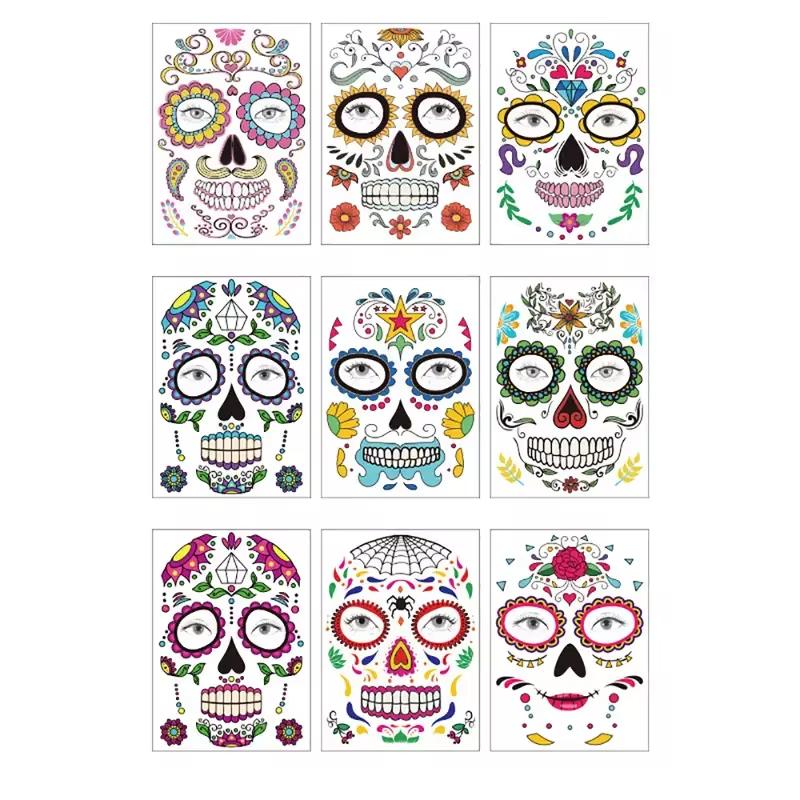 

9pcs/set Halloween Face Tattoo Sticker Halloween Skull Ghost Butterfly Rose Fake Tattoo Masquerade Party Sticker Day of the Dead 21.2x15.2cm