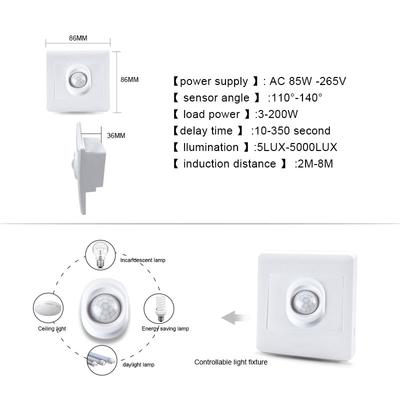Comutator de control al luminii cu senzor de mișcare PIR infraroșu, cutie 86 încastrat, comutator cu senzori pentru corpul uman, auto pornit/oprit pentru coridor, scară