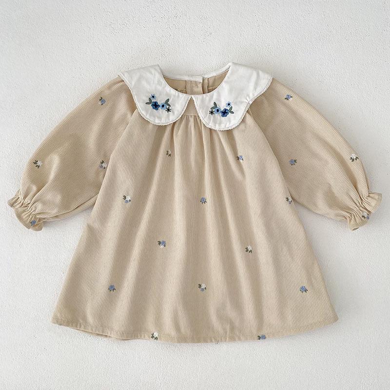 Korean Girl s Corduroy Princess Dress with Embroidered Collar, Long Sleeve for Autumn/Spring. 100 cm