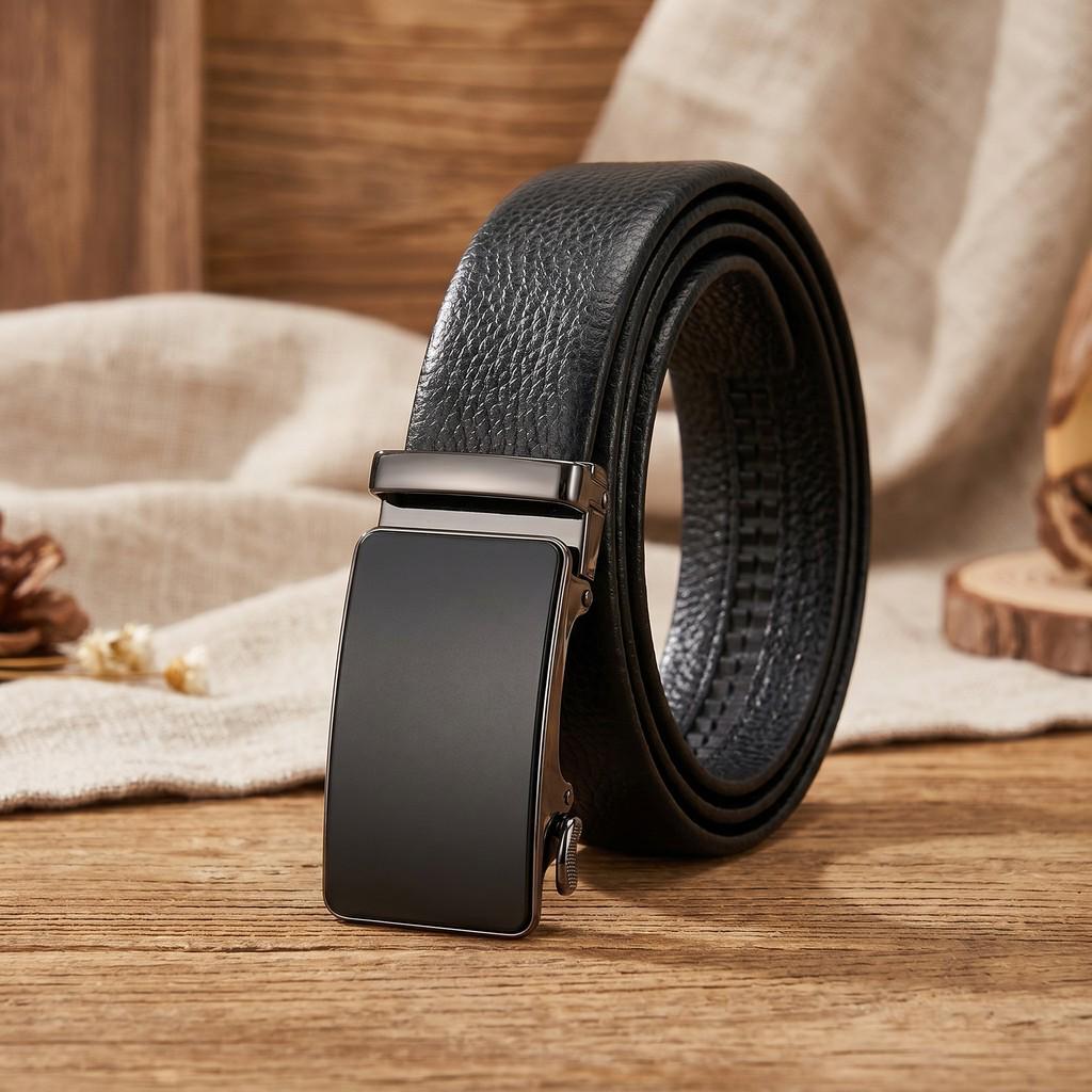 Men s Leather Belt with Automatic Buckle, 3.5cm Wide, Genuine Top Layer Cowhide 130 cm