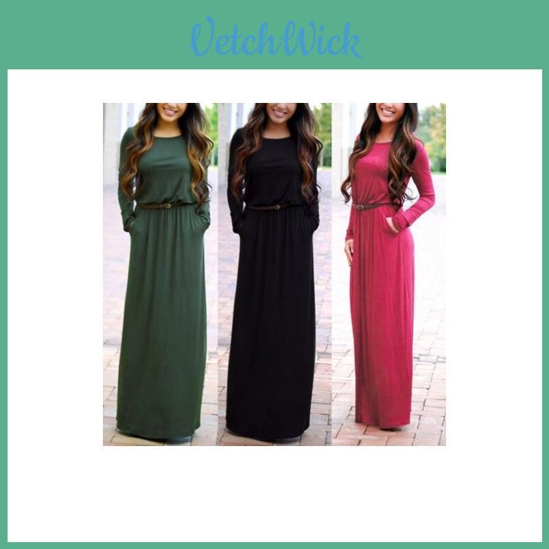 Fashion Women Casual Long Sleeve Belted Party Evening Cocktail Long Maxi Dress