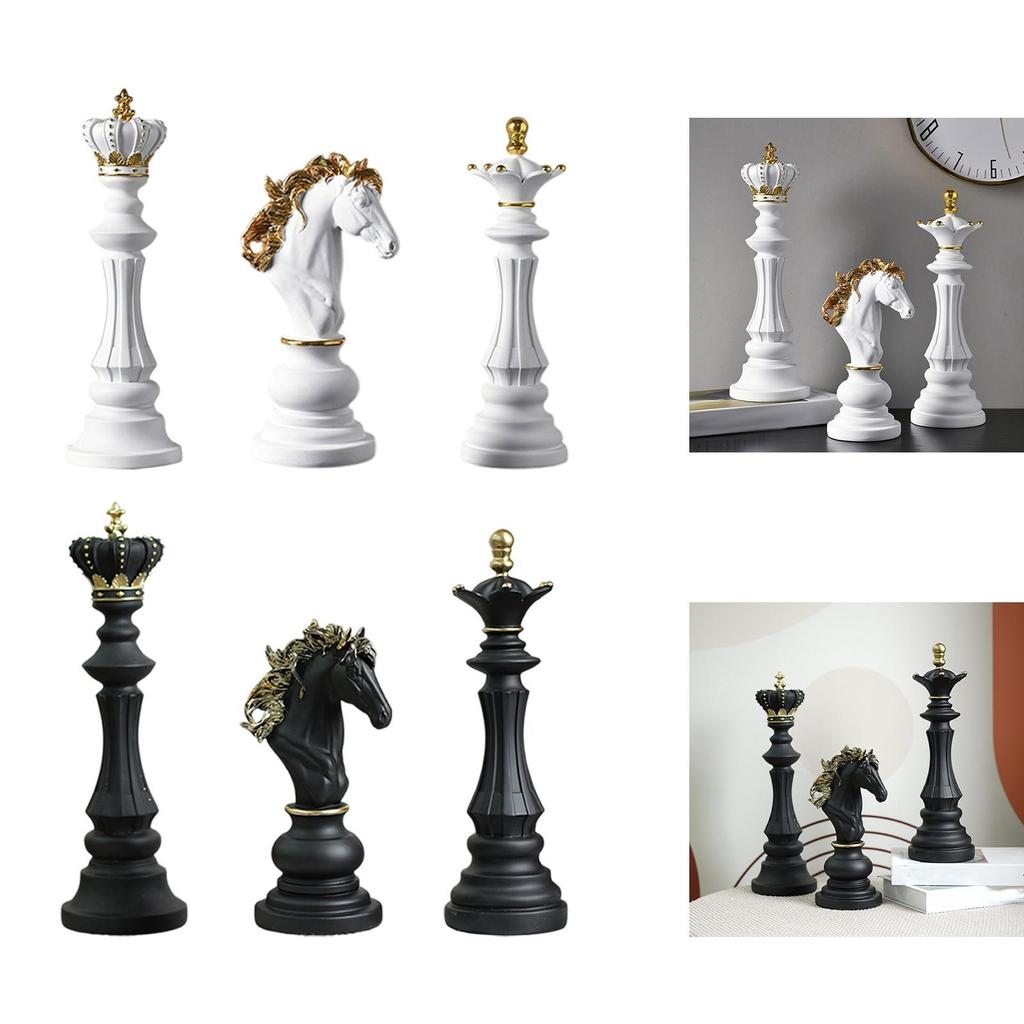 3 Pieces Chess Pieces Statues Gift Home Furnishing Collectible Resin Sculptures for Bookshelf Farmhouse Office Tabletop Bedroom