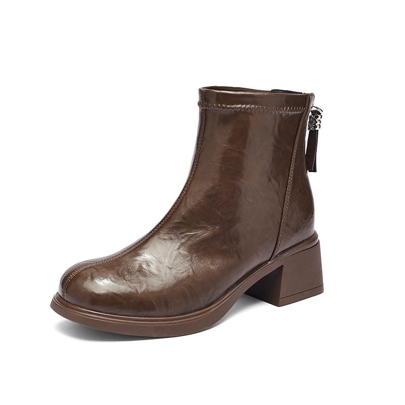 Augustine brown short boots new autumn French retro high-heeled Chelsea boots thick-heeled thin boots