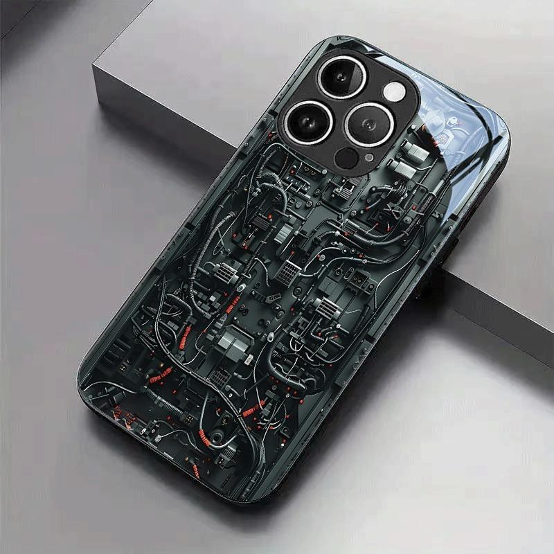Creative Mechanical Circuit Pattern Phone Case For Samsung Galaxy S25 S24 S23 Ultra Plus FE Tempered Glass Black Cover