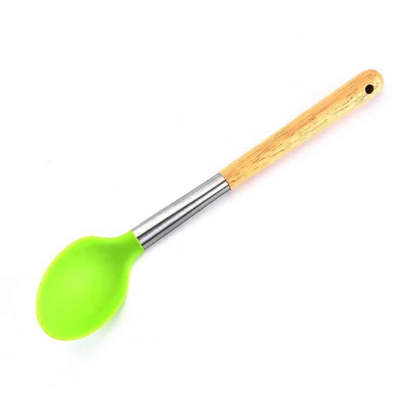 Durable Wooden Handle Silicone Kitchenware 7-Piece Set: Non-Stick Spatula & Spoon