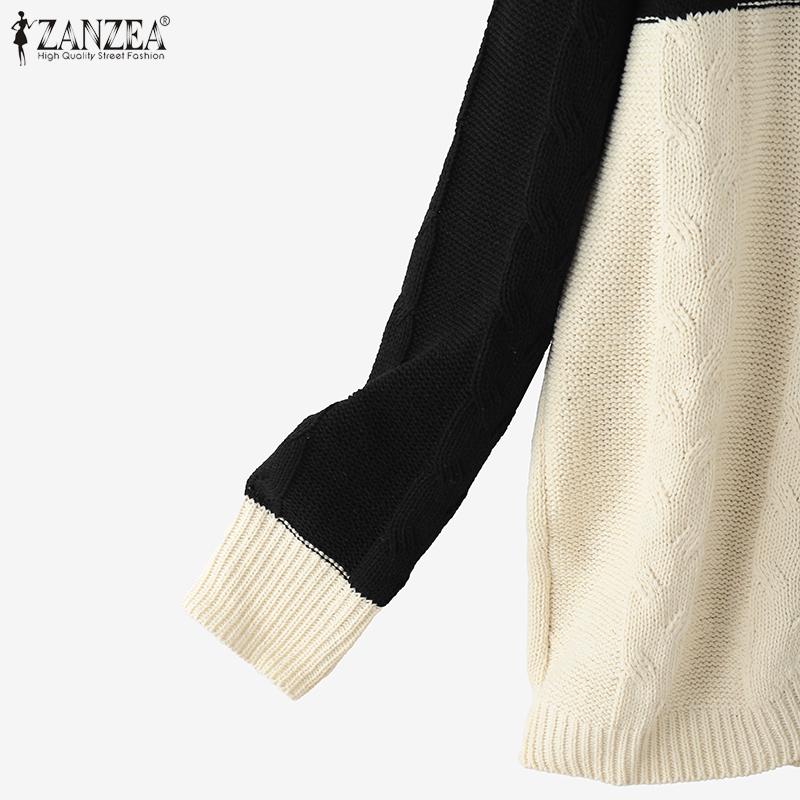 ZANZEA Autumn Winter Women Long Sleeve Patchwork Open Front Casual Loose Sweater Knitwear