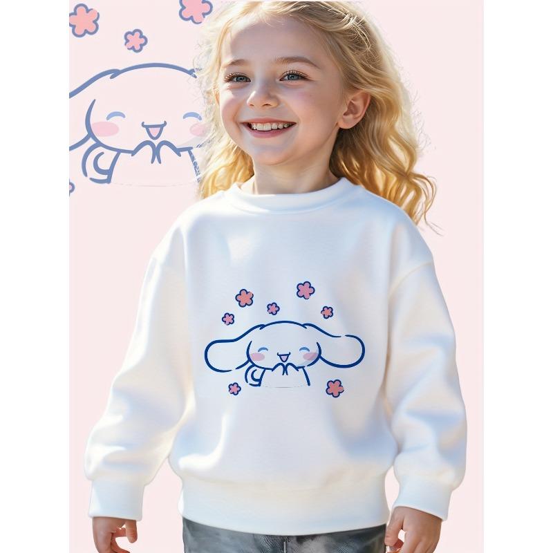 European Size Sanrio Cartoon Printed Girls Casual Sweatshirt Chibi White Ears with Pink Blossoms Children's Sports Long Sleeve Crewneck Pullover
