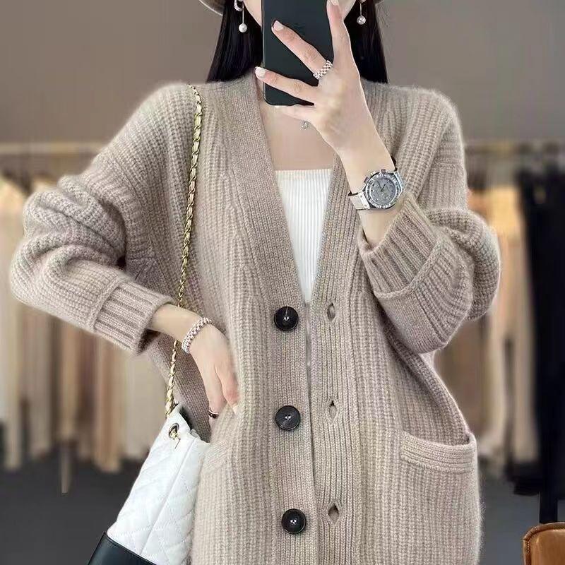 Autumn and Winter New Temperament Commuting Simple and Versatile Knitted Cardigan Women Loose Lazy Wind Outside Sweater Jacket