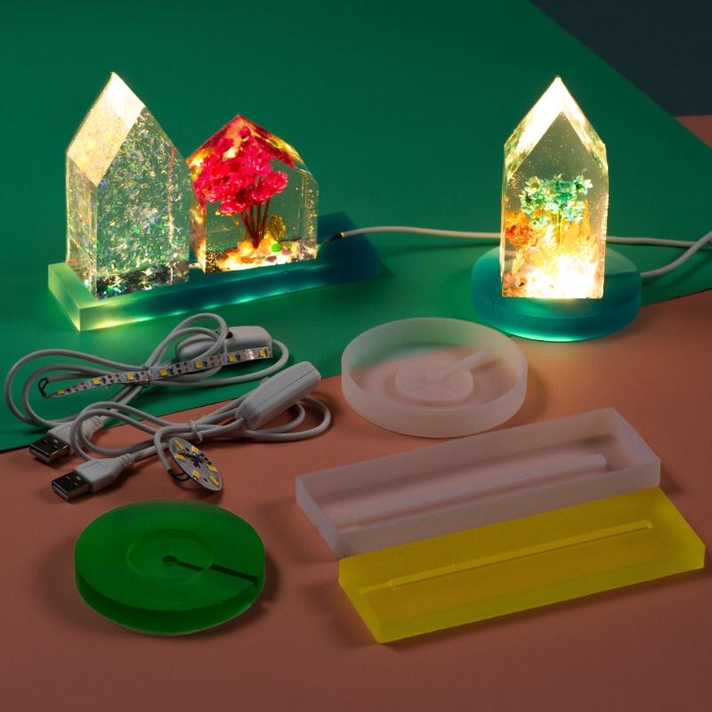 Silicone Mold with LED Light Set for Resin Crafts DIY LED Lights Display Base Round Square Lighted Stand for Crystal Art