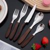 Imitation Wood Grain Stainless Steel Cutlery Set: Knife, Fork & Spoon for Dining and Dessert.