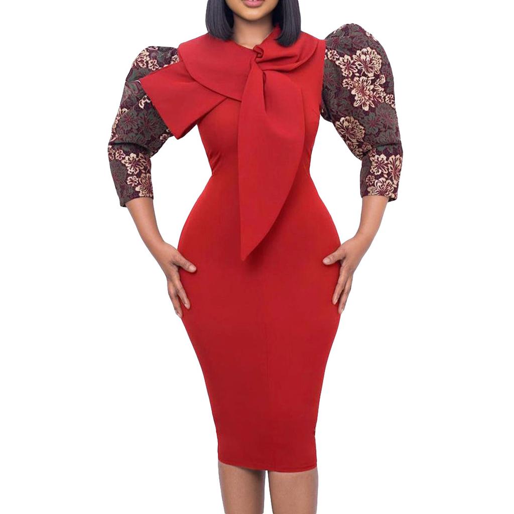 Large Size Women Spring Autumn Fashion Medium Sleeves Dress Ladies Elegant One Piece Patchwork Sheath Dress