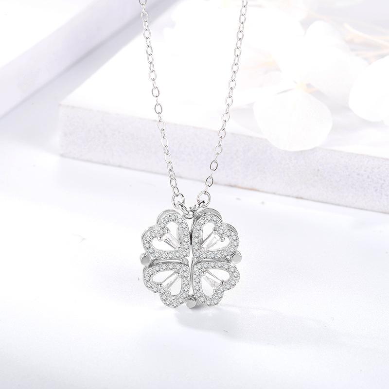 New Style of Two Piece Heart To Heart Womens Opening and Closing Clover Necklace Fashionable Heart Folding Creative Collarbone Chain