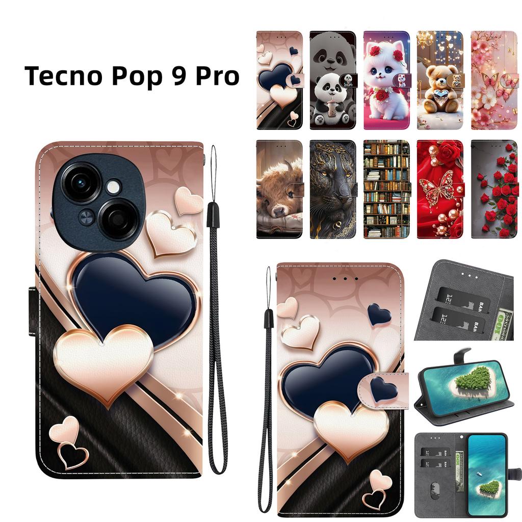 Handmade PU Leather Flip Case for Tecno Pop 9 Pro Anti-Slip Shockproof Cover with Wrist Strap & Heart/Rose Cat Designs