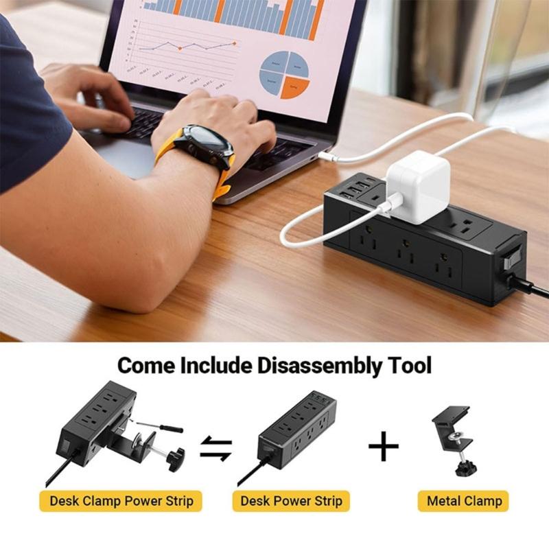 Desk Edges Mount Power Strips with 6 Outlets & 4 Fast Charging USB Port Tabletop Surges Protector Desk Clamps Power Socket