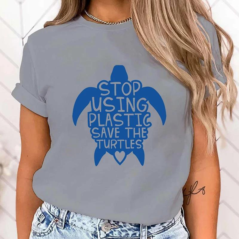 (Premium T-shirt)Funny Protect The Ocean Stop Using Plastic Save The Turtles Letter Printed T-Shirts For Women Summer Tops