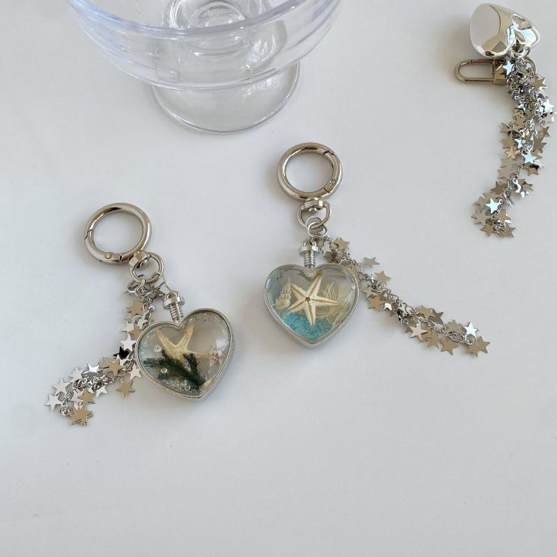 Y2K Style Summer Ocean Heart Keychain Ins Style Aesthetic Keyring Sweet Girly Keycord  Bag Pendant Gifts