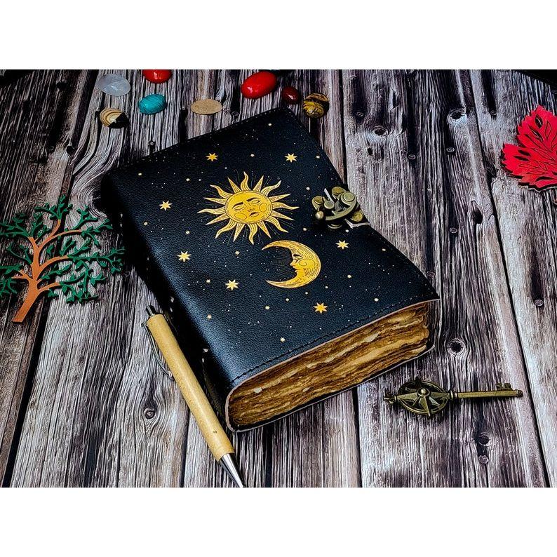Kožený deník Slunce Měsíc, 200 stran papíru s trhanými okraji, Deník, Kožený zápisník, Ručně vyráběný deník, Vintage kniha pro muže a ženy