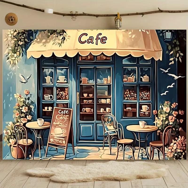 2D French Cafe Backdrop, Vintage Coffee Shop Photography Background Banner