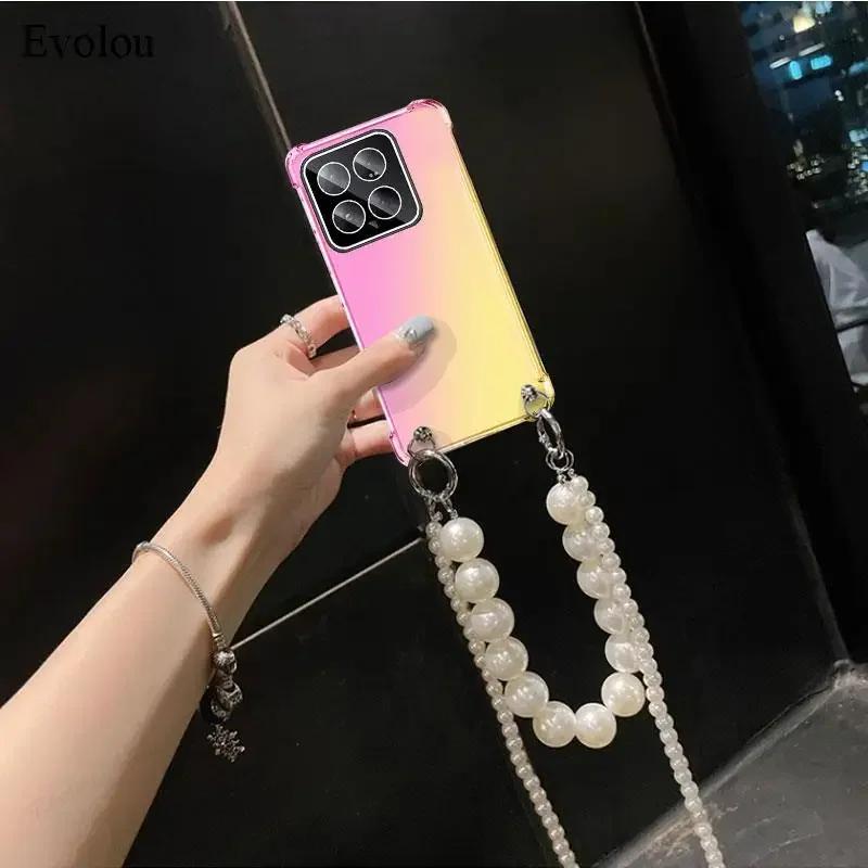 Pearl Chain Crossbody Lanyard Case For Xiaomi POCO X7 Pro X 7 X7Pro Rainbow Gradient Soft TPU Shockproof Cover For Redmi Turbo 4