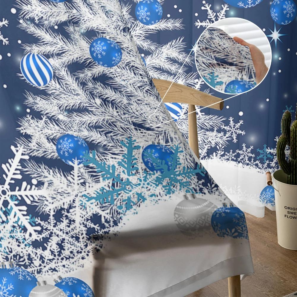 Blue Christmas Tree Christmas Ball Snowflake Sheer Curtains Home Living Room Bedroom Kitchen Window Decor Voile Tulle Curtains