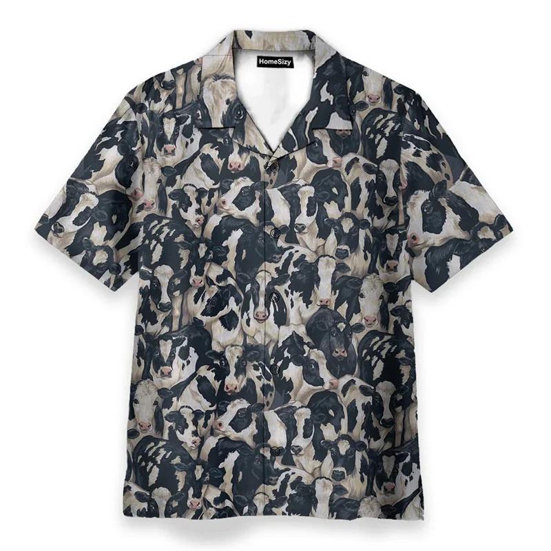 

Farm Animals Dairy Cow Print Leisure Shirts for Men Cute Black White Panda Penguin Lapel Button Shirts Summer Fashion Asian Size 2XL