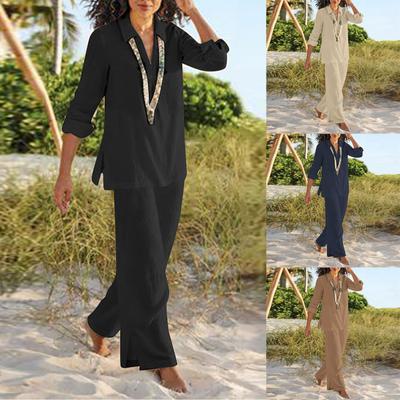 Women's Linen Two-Piece Suit Linen Suit Trousers and Long Sleeve Shirts Oversize Casual Trouser Suit V-Neck Linen Blouse Loose Linen Pant