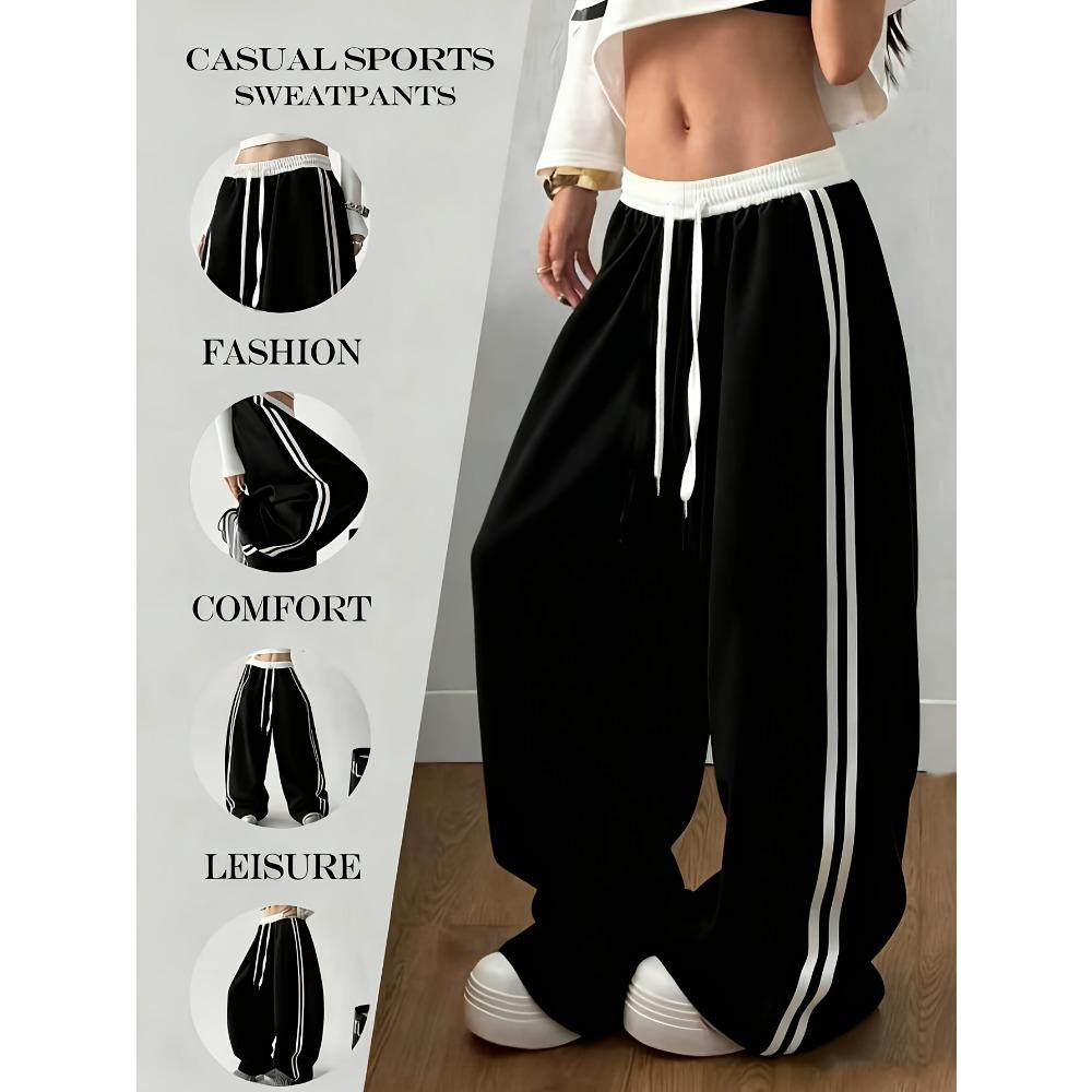 Dames Color Block Gestreepte Sneldrogende Gebogen Broek, Hoge Taille Losse Wijde Pijp Casual Sportbroek