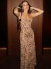 European & American Sexy Leopard Print V-neck Backless Maxi Dress with Spaghetti Straps for Women