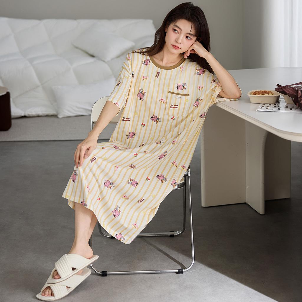 1011 New Nightdress with Chest Pad Women's Summer Pure Cotton Short-sleeved Thin Striped Medium and Long Pajamas Loungewear Skirt