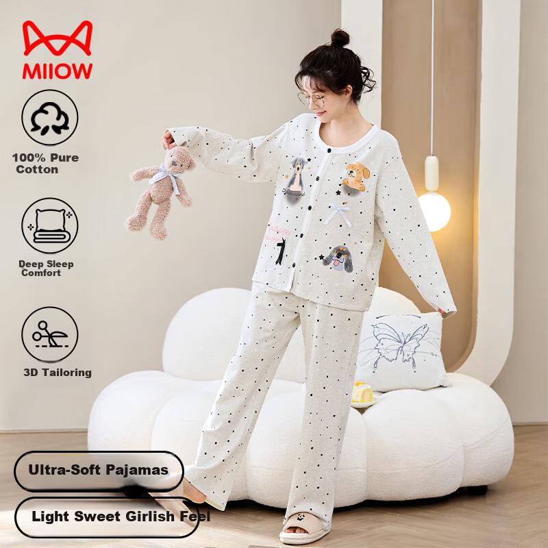 Miiow Combed Cotton Simple Dog Print Lazy Style Long Sleeve Pajamas 2025 New
