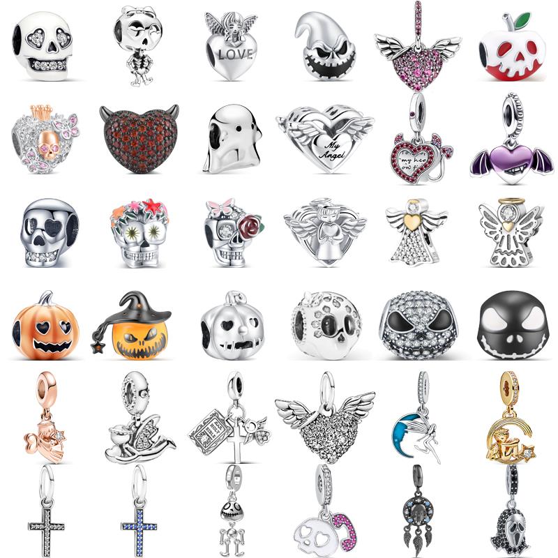 100% 925 Sterling copper Demon Skull Pumpkin Cross Angel Wings Heart Beads Fit Original Pantaro Charms Bracelet DIY Zircon Gift