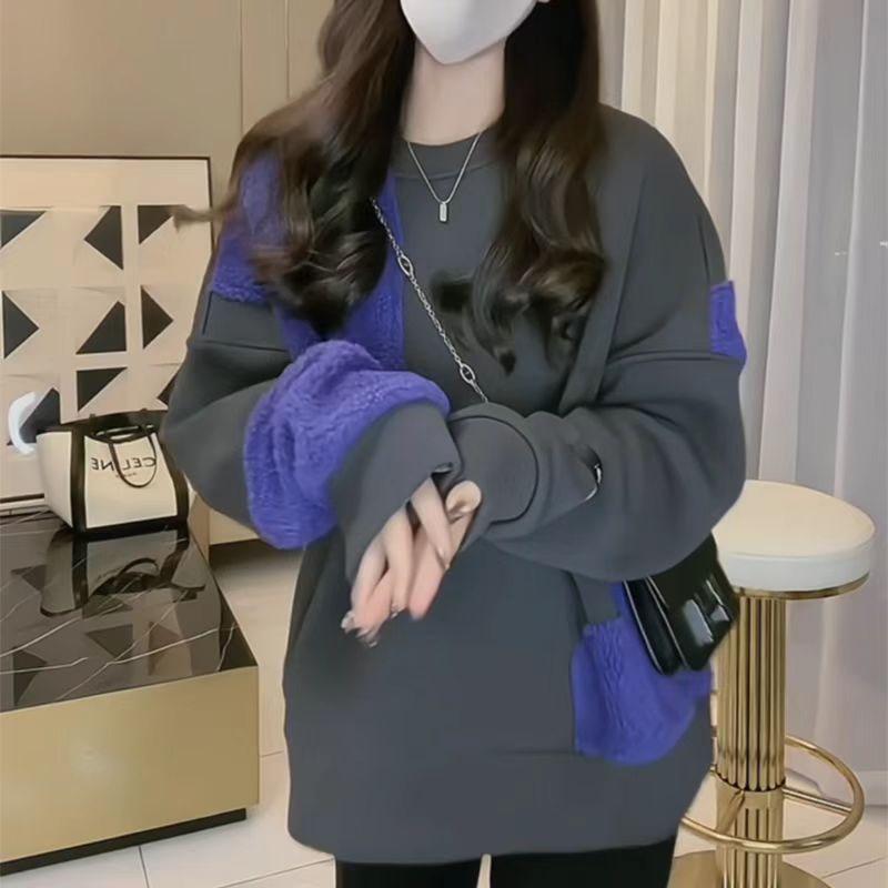New Winter Fashion Trend Round Neck Panel Contrast Color Plush Thickened Loose Versatile Reduced Age Women's Long Sleeve Sweater