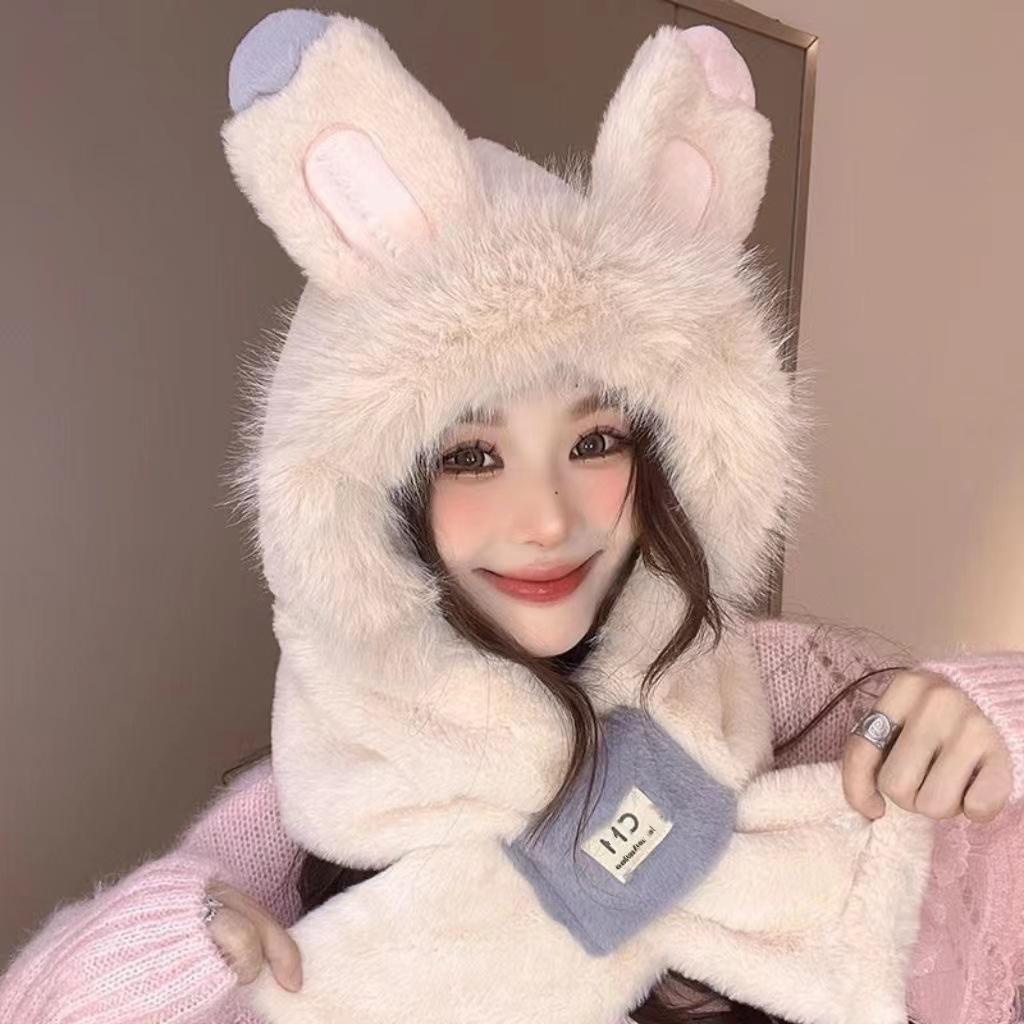 Winter New Fox Plush Thermal Hat Children's Scarf Integrated Cold-proof Cute Outdoor Thickened Warm Two-piece Set
