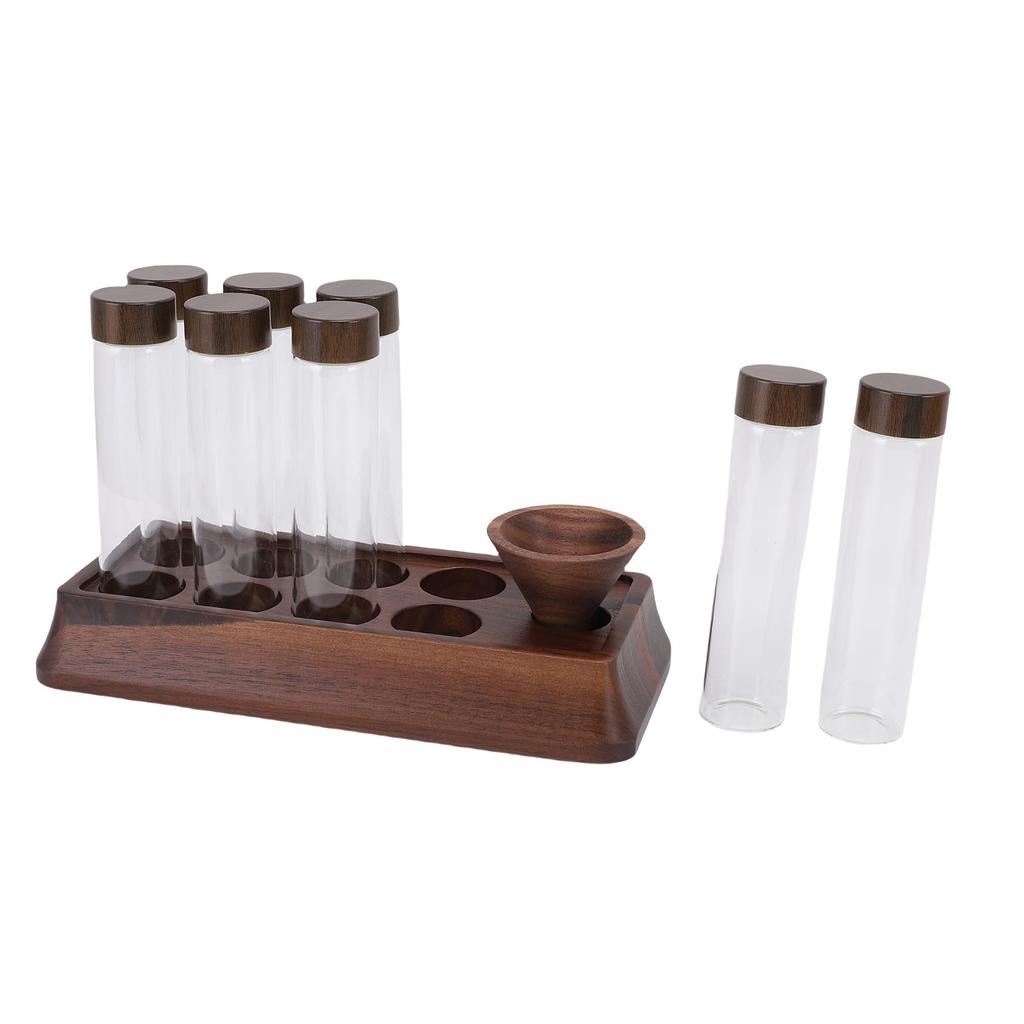 Kaffeebohnen Aufbewahrungsröhrchen mit Walnuss Holzständer Luftdicht 8 Stück Röhrchen Glas Dosier Kaffeebohnen Keller für Zuhause Geschäft Bar