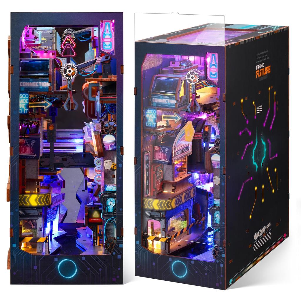 FUNPOLA Cyberpunk Book Nook DIY Wooden Miniature Dollhouse Puzzle Kit with LED Lights – 319-Piece Bookshelf Diorama, Ages 14+
