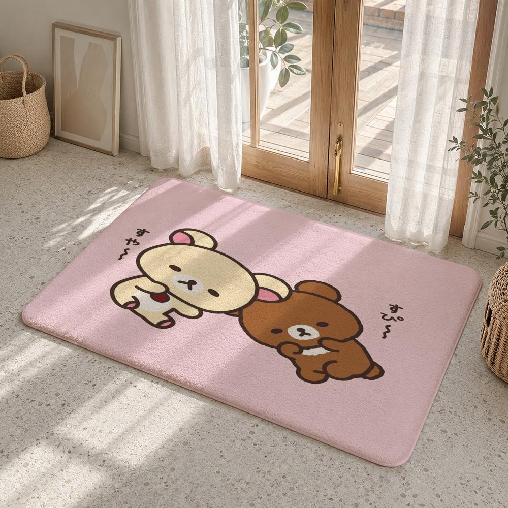 Cute Cartoon Rilakkuma Floor Mat Flannel Rug Non Slip Absorbent Soft Washable For Entryway Hallway Bathroom Kitchen Decor