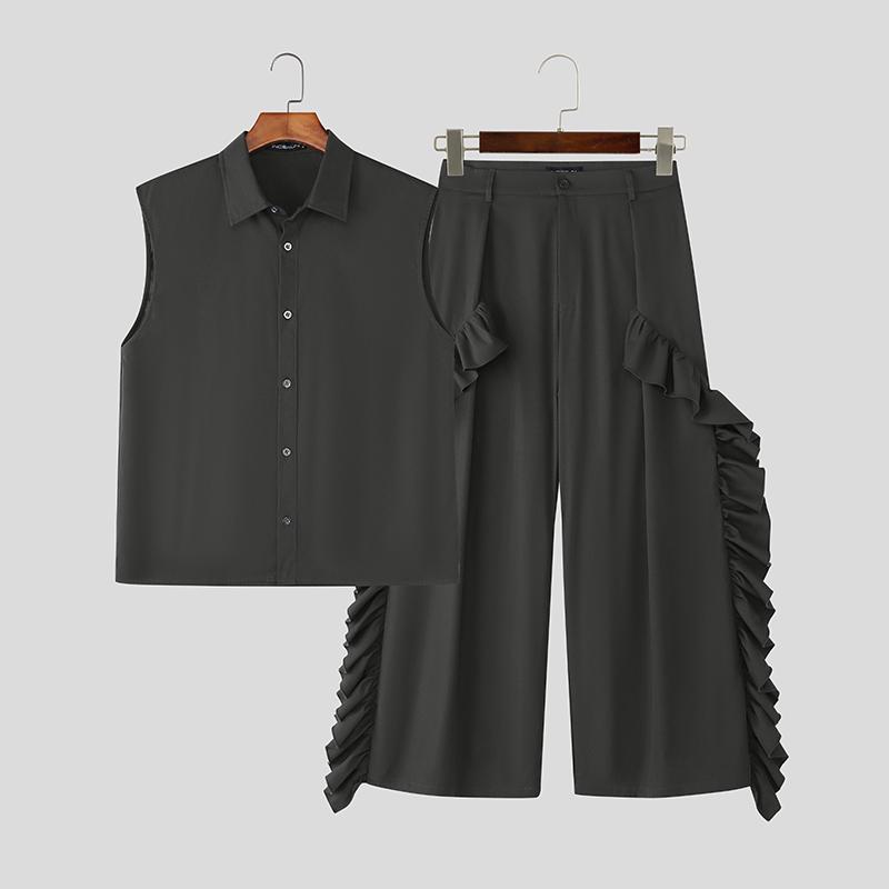 

INCERUN Men Outfits Sleeveless Buttons Shirts Ruffled Hem Long Pants Casual Sets 2XL серый