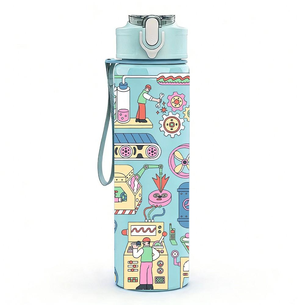 1PC Doodle Sticker Collage Cartoon Pattern 750ml Color Plastic Sports Water Bottle Leakproof Flip Straw Lid Suitable for Sports Office Home Use