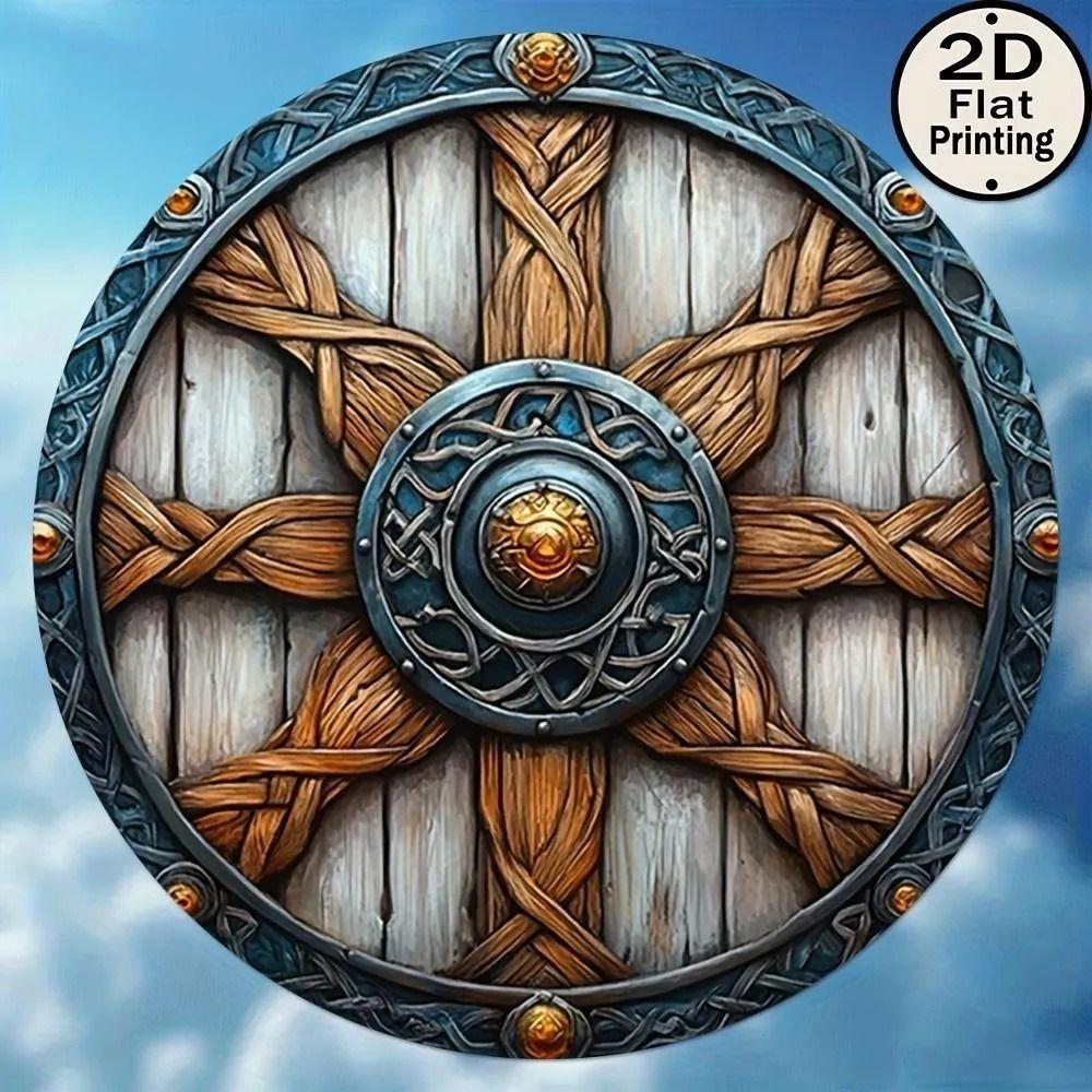Round Metal Poster, Retro Embossed Viking Shields, Home & Garage Decor