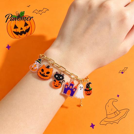 Acrylic Pumpkin Wrist Jewelry Halloween Charm Bracelets for Women, Cute Spooky Cat Ghost Castle Pendant Holiday Costume Accessory Bracelet, Adjustable
