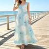 Sleeveless U Neck Maxi Dress,Women Light Blue Watercolor Floral Sundress,Big White Flower Print,Summer Beach Outfit