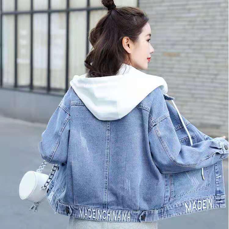 Women's Short Denim Jacket with Removable Hood, Embroidered Letters, Slimming Korean-Style Loose Fit for Spring and Autumn