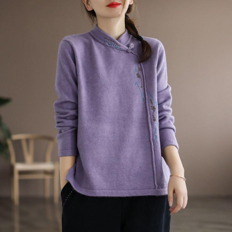 Damen Vintage Chinesischer Ethno-Stil Stickerei Elegant Dickes T-Shirt Herbst Winter Mode Stehkragen Langarm Pullover
