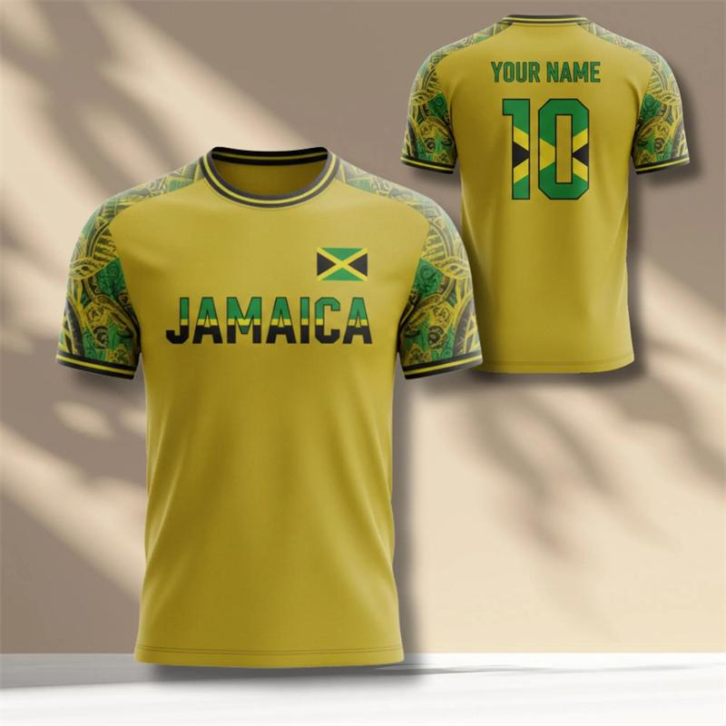 Jamaican Flag Color Football T-shirt For Men's Comfortable Run Sport Short Sleeve T Shirt  Custom Name Number Personality Tee