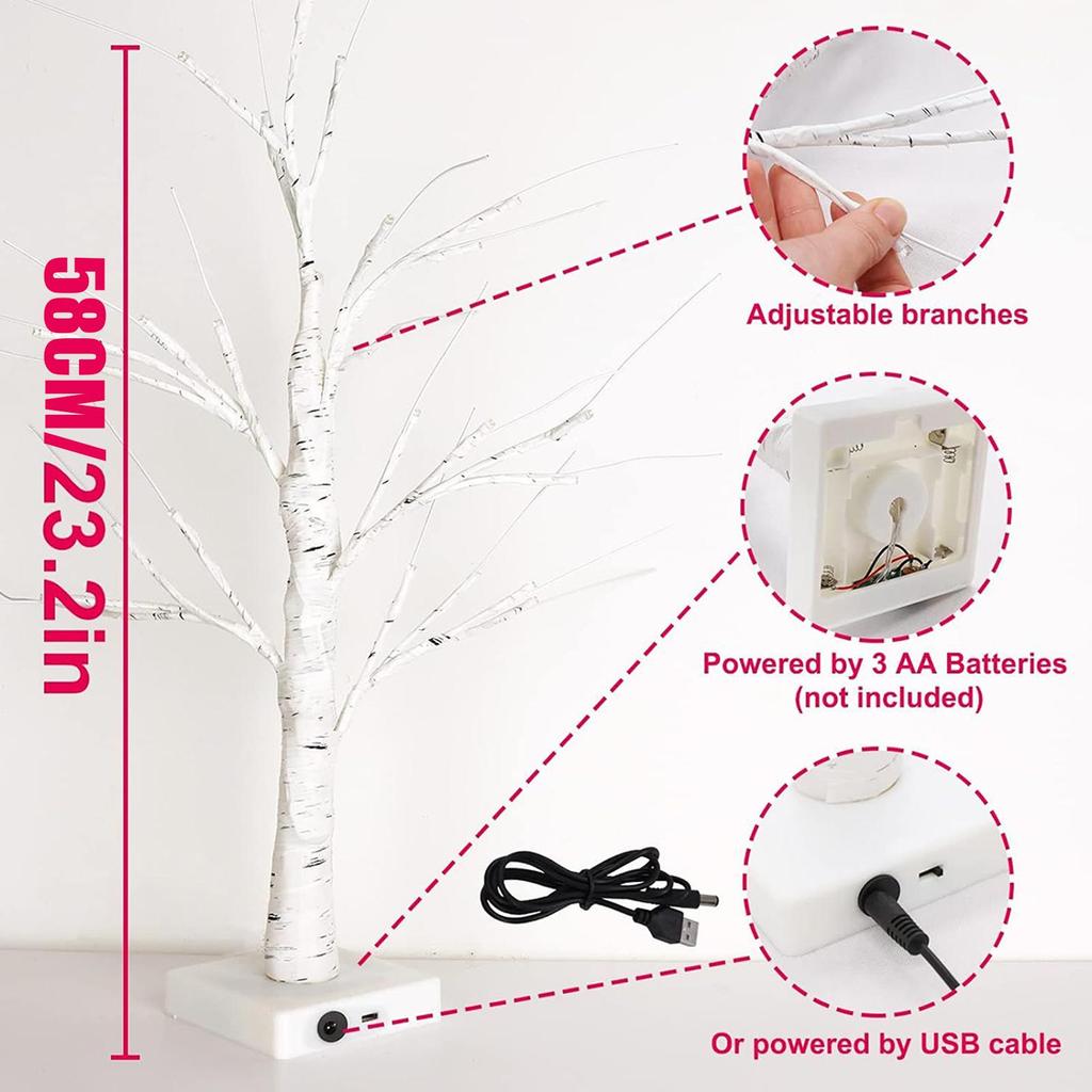 Birch Tree With LED Lights Romantic Artificial White Birch Tree With 18 Heart-shaped Ornaments Valentine's Day Table Decoration