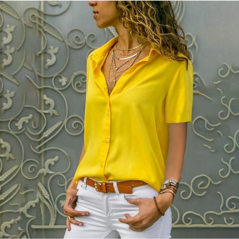 VEZFAA Damenmode, lässig, Sommer, Frühling, einfarbig, kurzärmelig, Polo-Ausschnitt, Blusen und Hemden