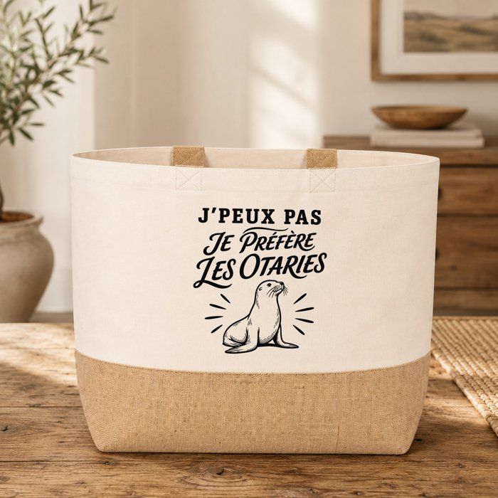 Sac J’peux pas je préfère les Otaries J'peux pas minimaliste | Cabas en Coton avec Fond Jute 18 L 48 × 37 × 13 cm | Marché Shopping